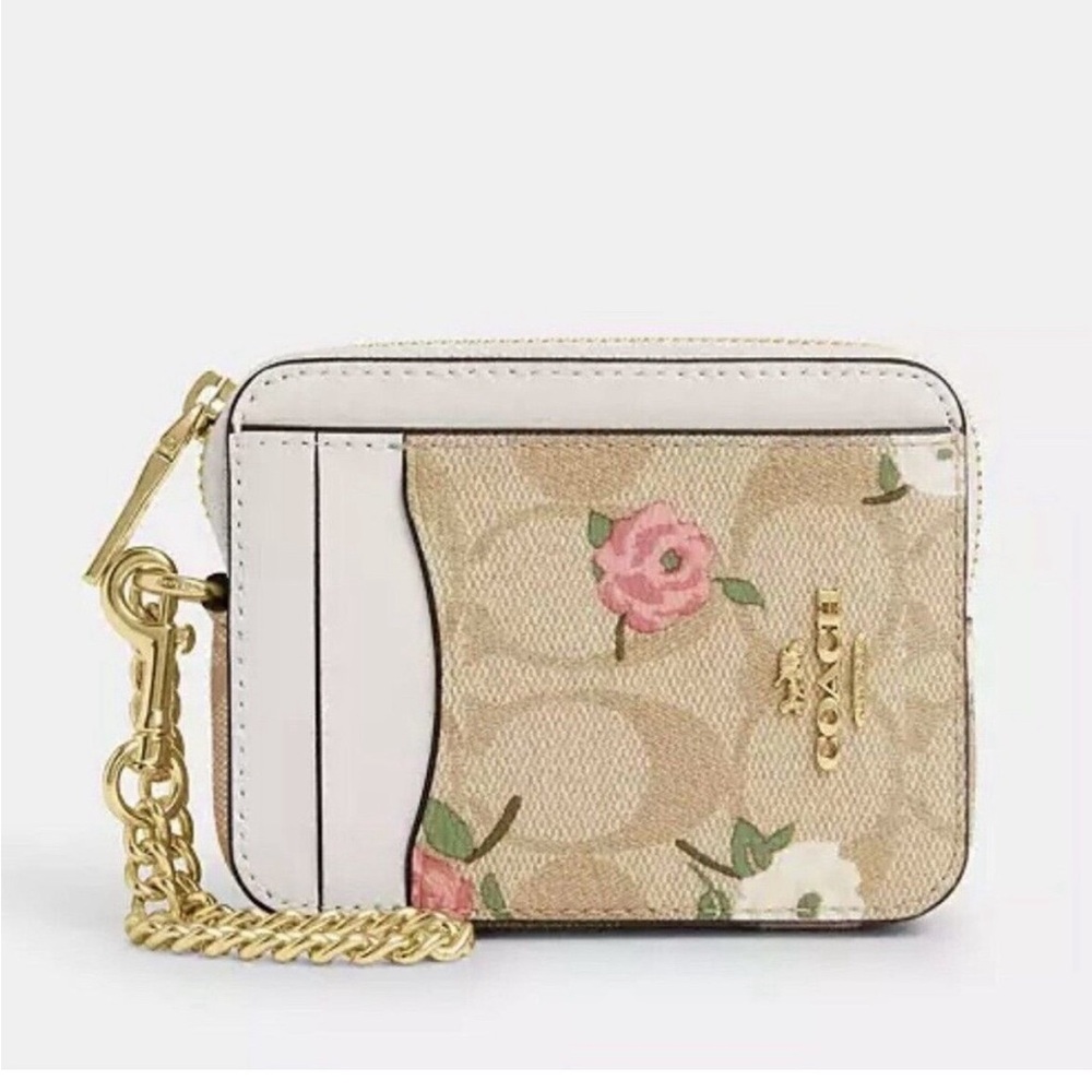 ❤️❤️NEW Coach zip card case in signature canvas with floral print/Gold chain ❤️